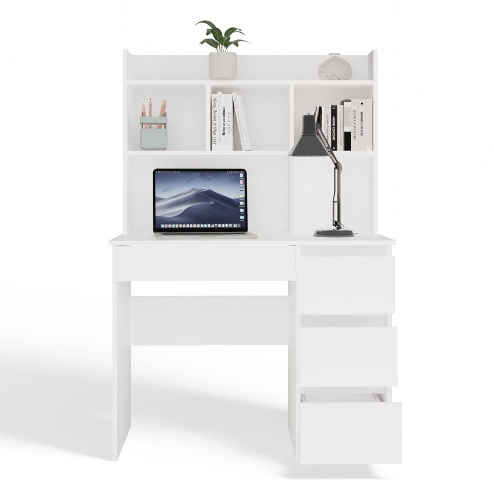Birou MIJAS Drept cu Suprastructură, 4 Sertare, 4 Polițe, 98 x 146 x 51 cm, Alb Mat, Homedit