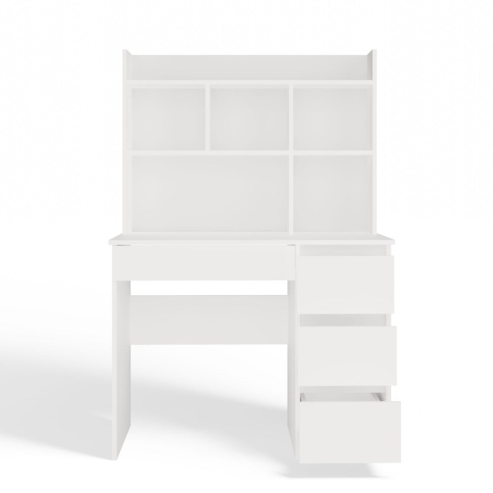 Birou MIJAS Drept cu Suprastructură, 4 Sertare, 4 Polițe, 98 x 146 x 51 cm, Alb Mat, Homedit