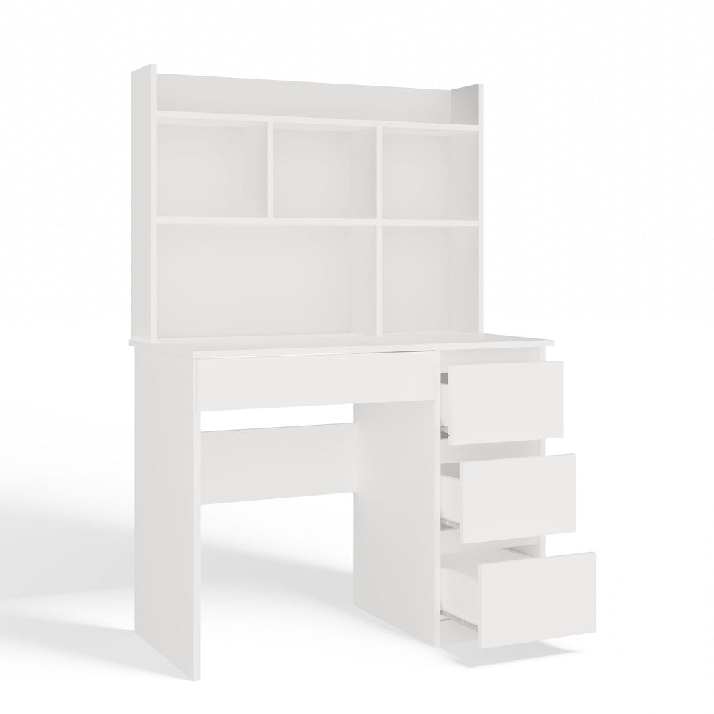 Birou MIJAS Drept cu Suprastructură, 4 Sertare, 4 Polițe, 98 x 146 x 51 cm, Alb Mat, Homedit