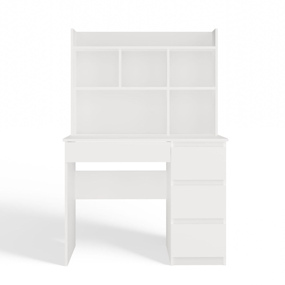 Birou MIJAS Drept cu Suprastructură, 4 Sertare, 4 Polițe, 98 x 146 x 51 cm, Alb Mat, Homedit
