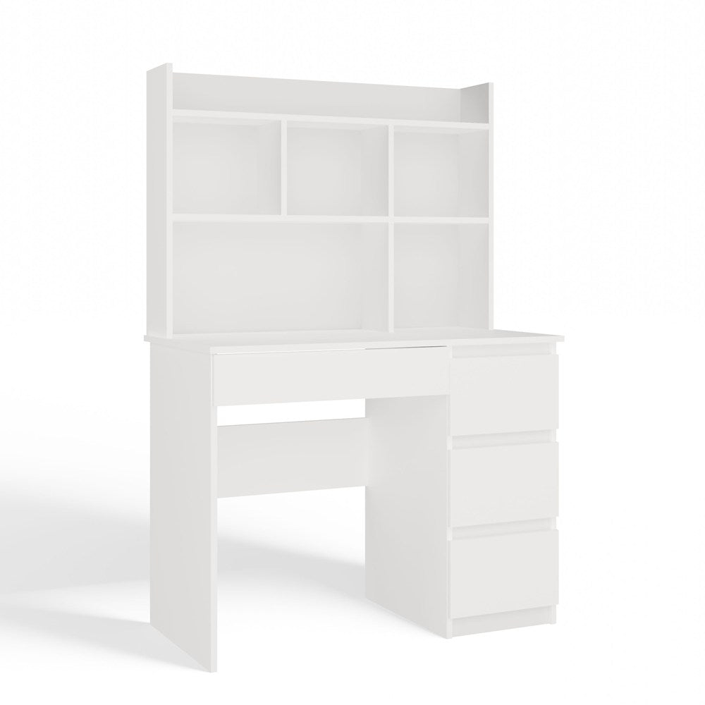 Birou MIJAS Drept cu Suprastructură, 4 Sertare, 4 Polițe, 98 x 146 x 51 cm, Alb Mat, Homedit