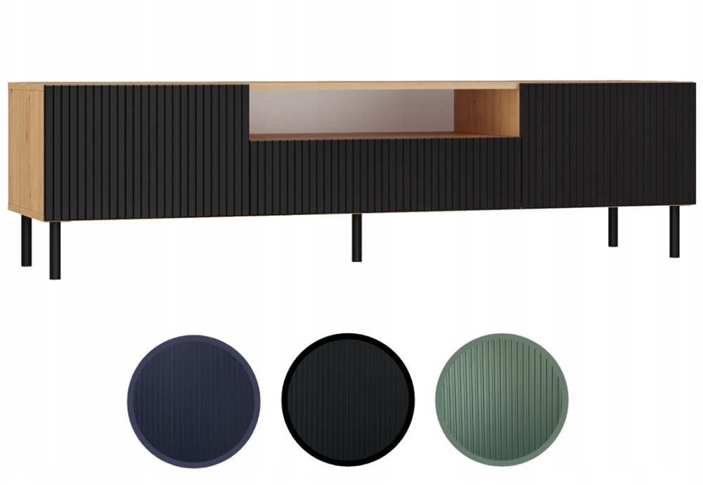 Comodă TV KAMA 160 SLIM, cu fronturi frezate, 160 x 43 x 40 cm, Stejar Artisan și Negru, Homedit