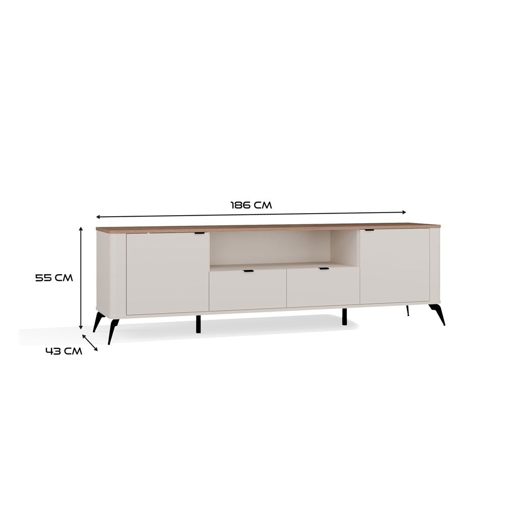 Comodă TV CORDOBA 2D2S cu 2 Uși și 2 Sertare, 186 x 55 x 43 cm, Cașmir Bej cu Stejar Castello, Homedit