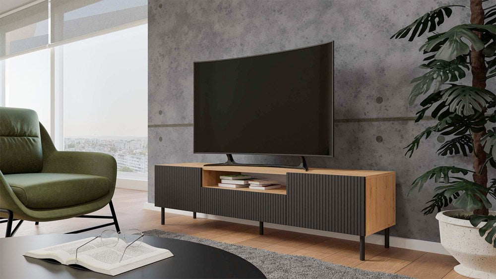 Comodă TV KAMA 160 SLIM, cu fronturi frezate, 160 x 43 x 40 cm, Stejar Artisan și Negru, Homedit