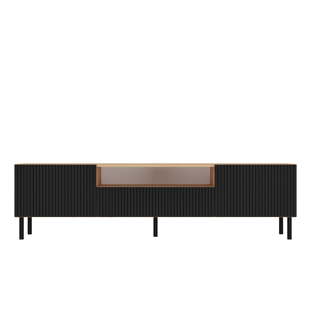 Comodă TV KAMA 160 SLIM, cu fronturi frezate, 160 x 43 x 40 cm, Stejar Artisan și Negru, Homedit