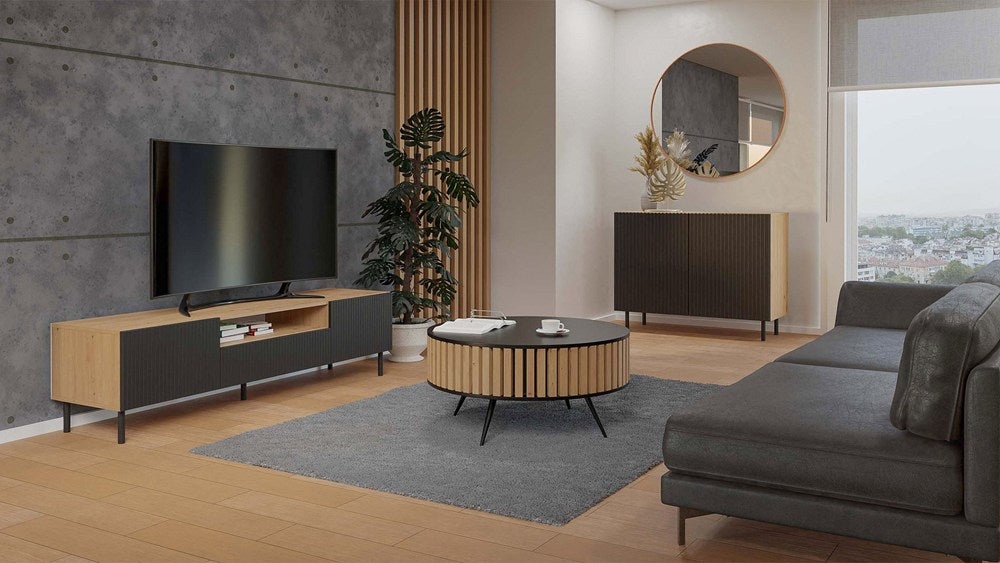Comodă TV KAMA 160 SLIM, cu fronturi frezate, 160 x 43 x 40 cm, Stejar Artisan și Negru, Homedit
