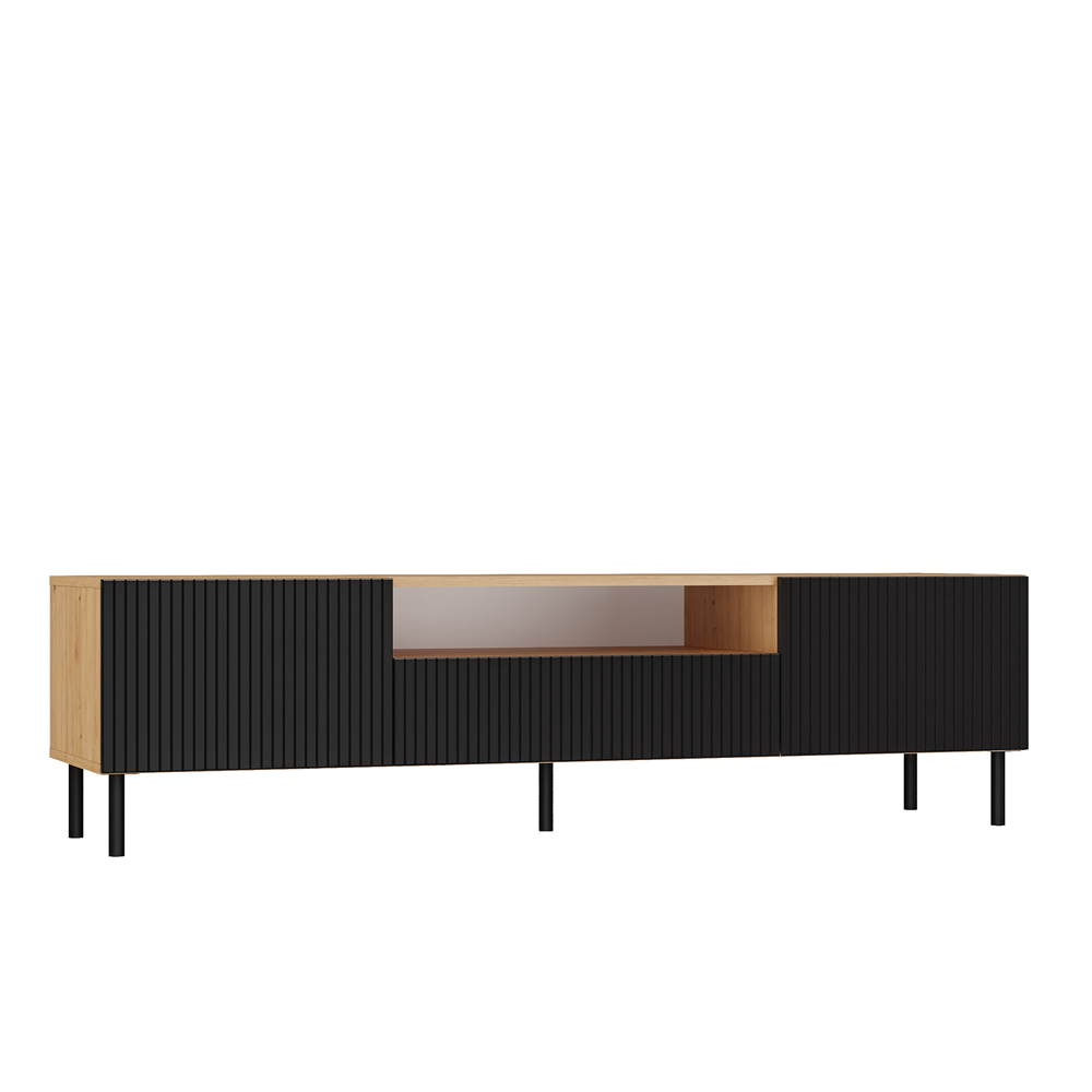 Comodă TV KAMA 160 SLIM, cu fronturi frezate, 160 x 43 x 40 cm, Stejar Artisan și Negru, Homedit