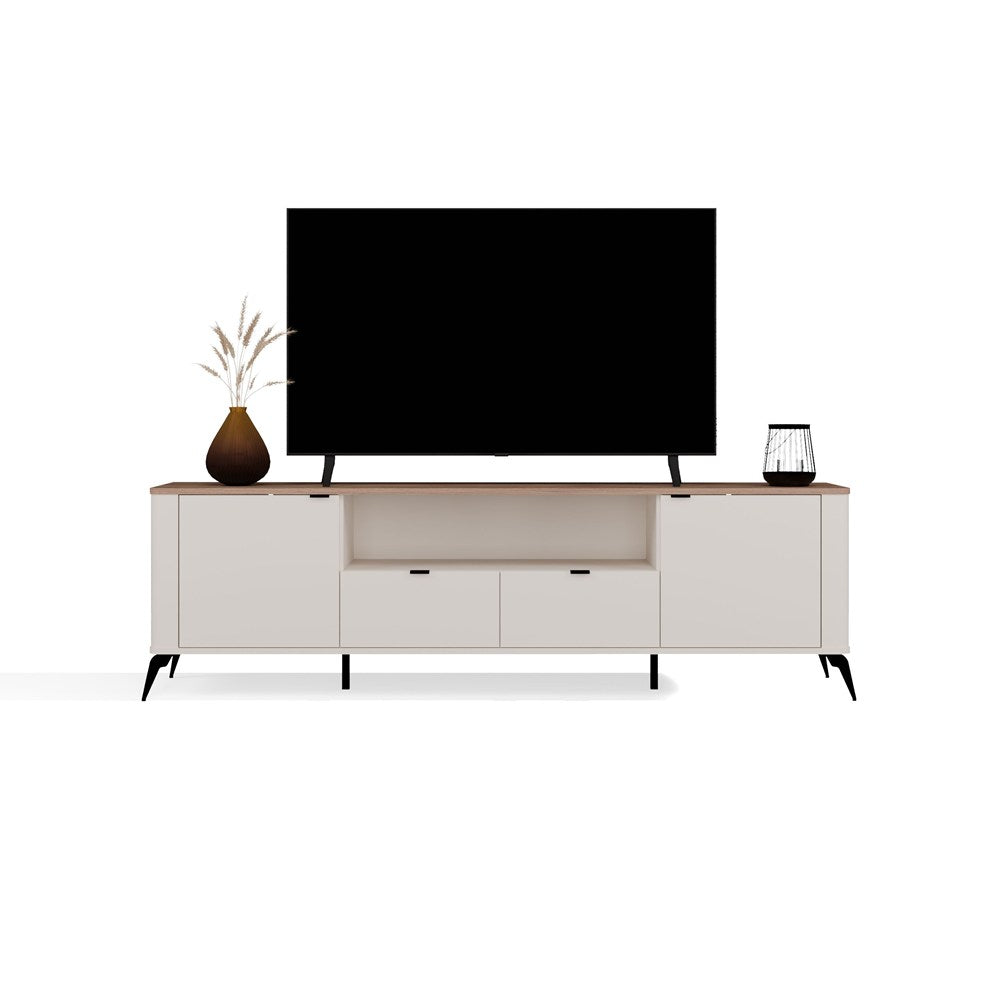 Comodă TV CORDOBA 2D2S cu 2 Uși și 2 Sertare, 186 x 55 x 43 cm, Cașmir Bej cu Stejar Castello, Homedit