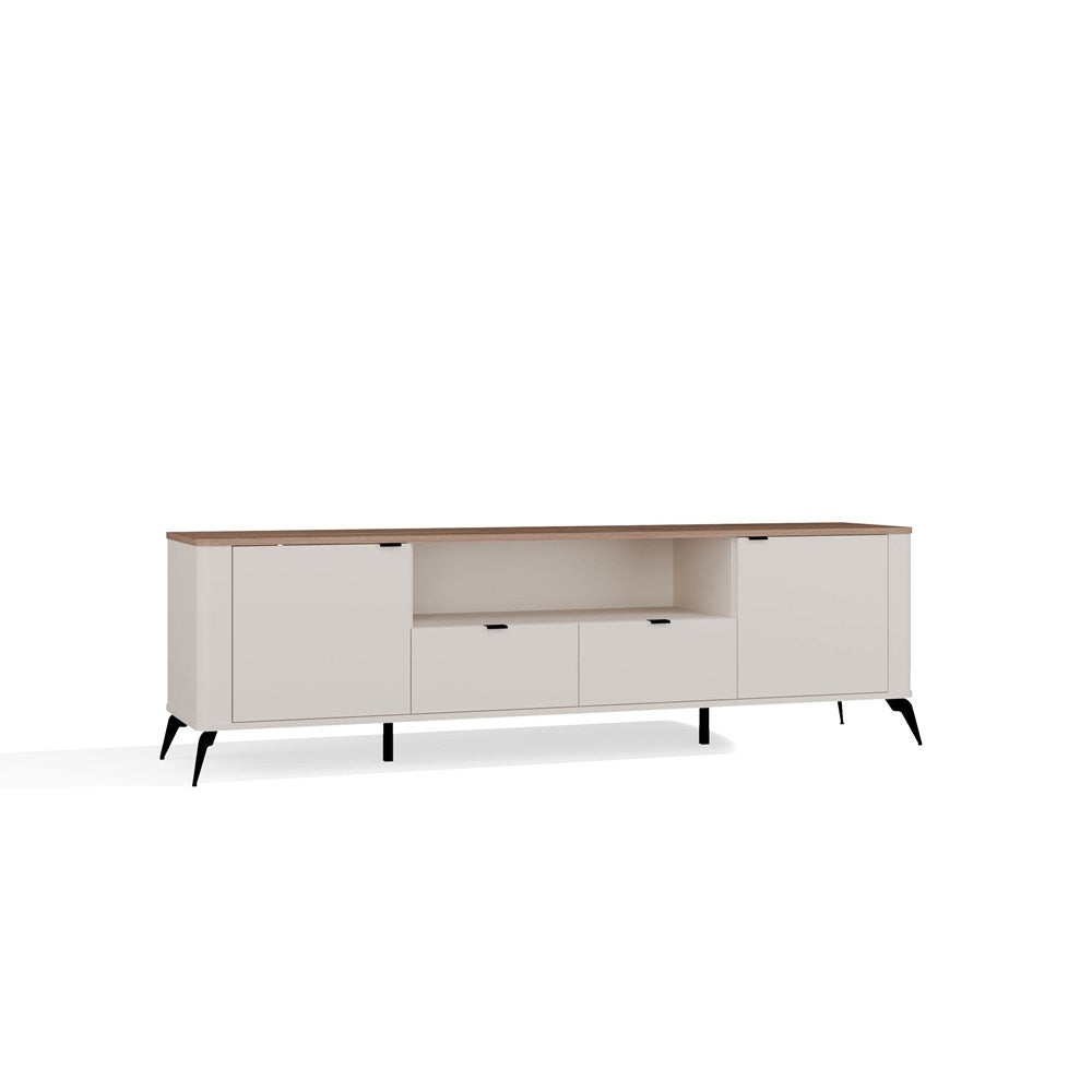 Comodă TV CORDOBA 2D2S cu 2 Uși și 2 Sertare, 186 x 55 x 43 cm, Cașmir Bej cu Stejar Castello, Homedit