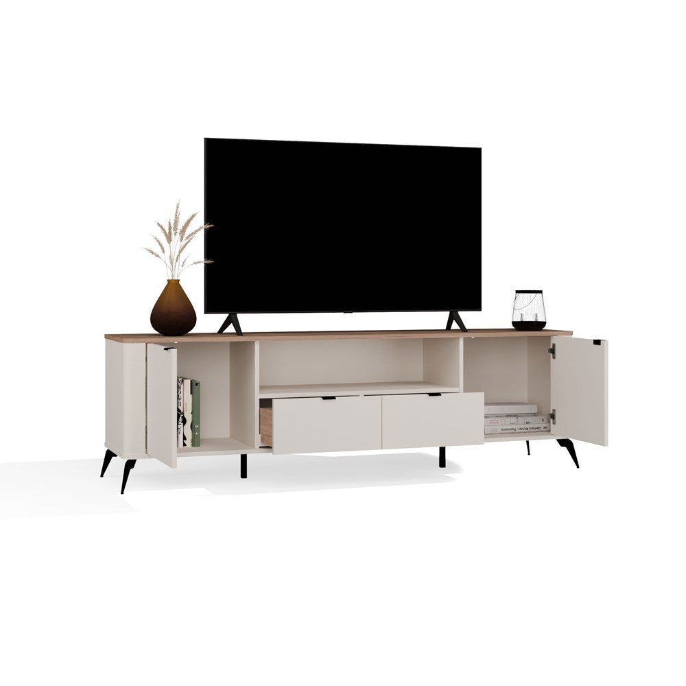 Comodă TV CORDOBA 2D2S cu 2 Uși și 2 Sertare, 186 x 55 x 43 cm, Cașmir Bej cu Stejar Castello, Homedit