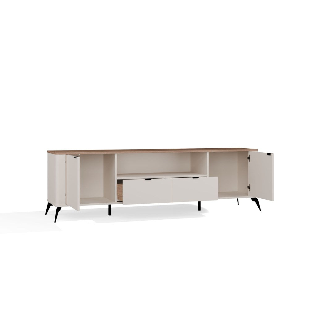 Comodă TV CORDOBA 2D2S cu 2 Uși și 2 Sertare, 186 x 55 x 43 cm, Cașmir Bej cu Stejar Castello, Homedit