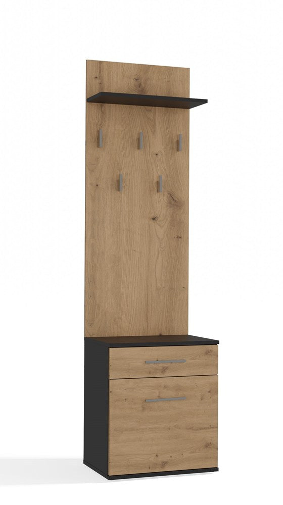 Cuier cu pantofar DUO cu 5 agățători, sertar și dulap, 50 x 181 x 35 cm, Stejar Artisan, Homedit