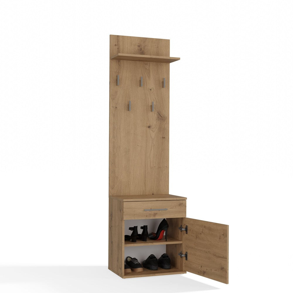Cuier cu Pantofar Duo ARTISAN, cu 5 Agățătoare și Sertar, 50 x 181 x 35 cm, Stejar Artisan, Homedit