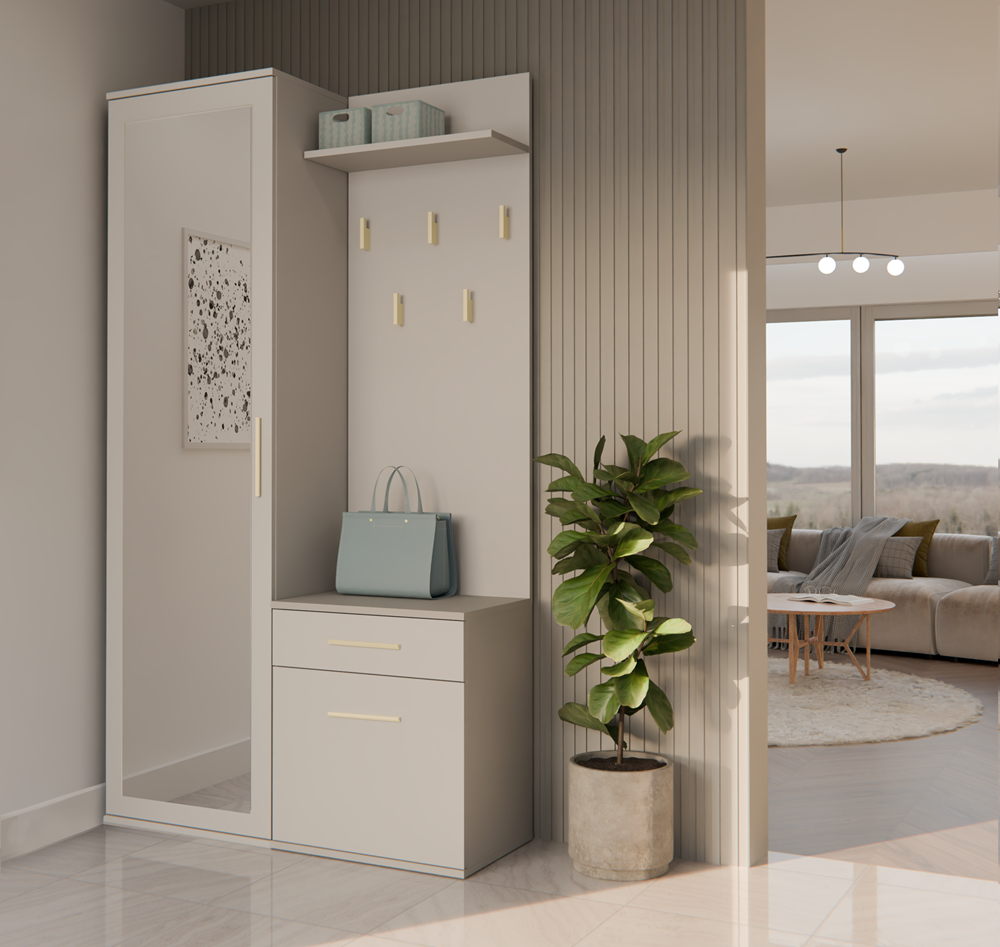 Garderobă Modulară Duo cu Oglindă, Cuier și Dulap, 150 x 180 x 35 cm, Bej Cașmir, Homedit