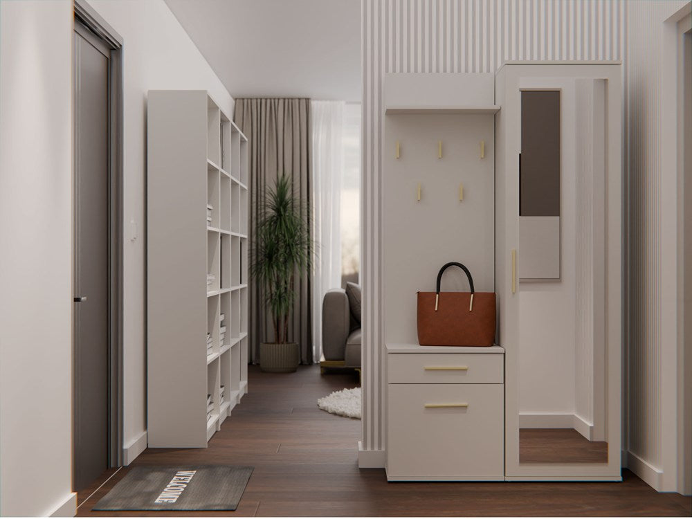Garderobă Modulară Duo cu Oglindă, Cuier și Dulap, 150 x 180 x 35 cm, Bej Cașmir, Homedit