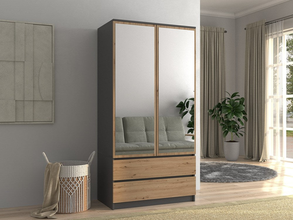 Dulap Modern Malwa SS-90L cu 2 Oglinzi, 90 x 180 x 50 cm, Antracyt Stejar Artisan, Homedit