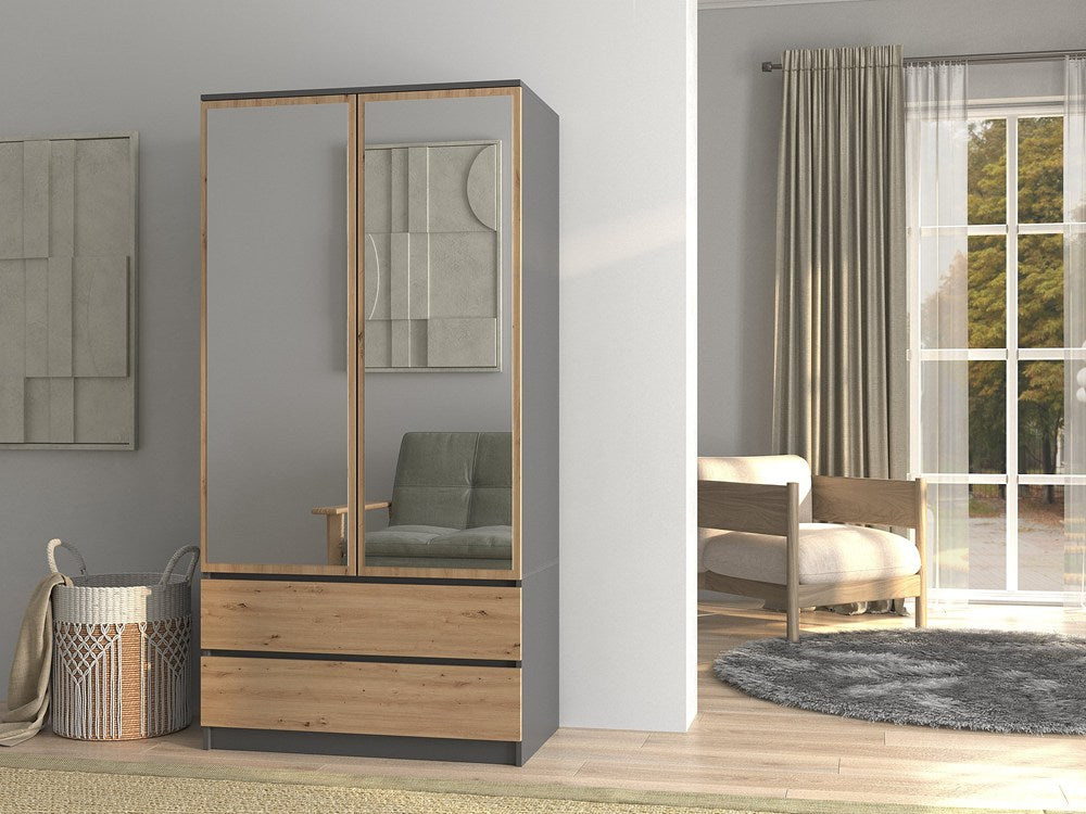 Dulap Modern Malwa SS-90L cu 2 Oglinzi, 90 x 180 x 50 cm, Antracyt Stejar Artisan, Homedit