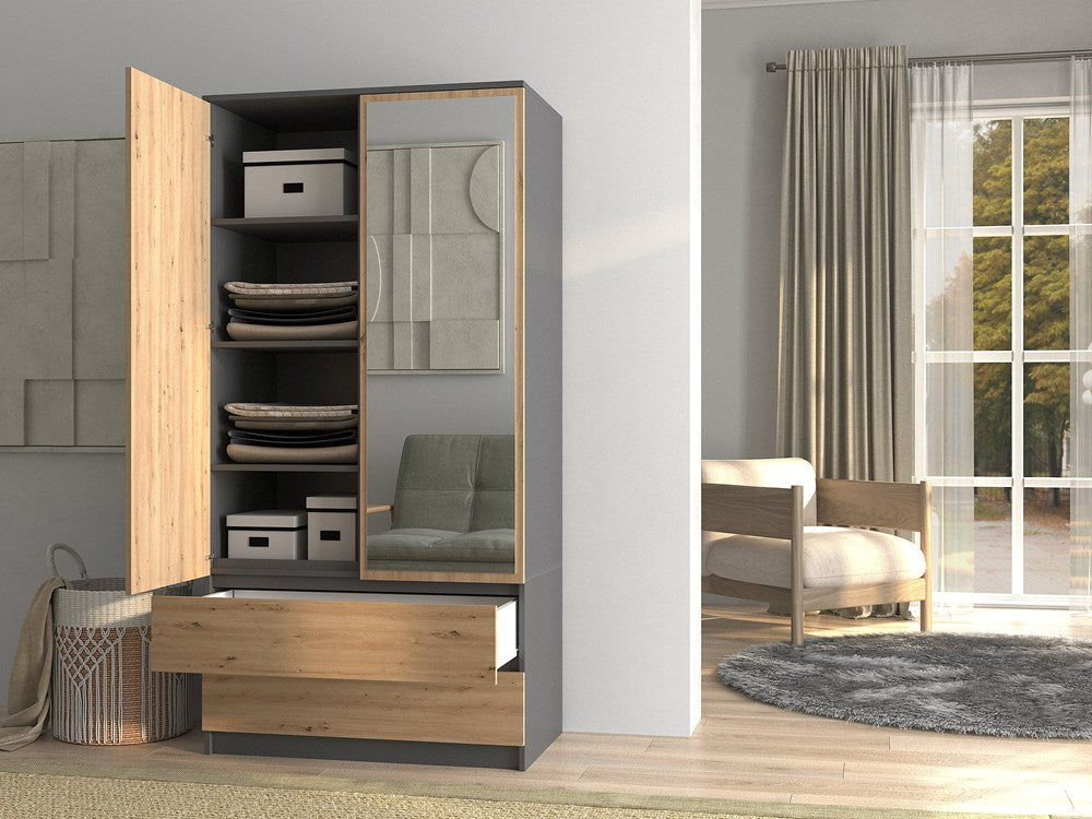 Dulap Modern Malwa SS-90L cu 2 Oglinzi, 90 x 180 x 50 cm, Antracyt Stejar Artisan, Homedit
