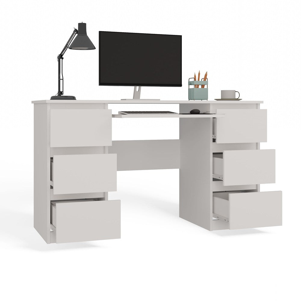 Birou KUBA cu 6 sertare și poliță tastatură, 130 x 76 x 51 cm, Alb, Homedit