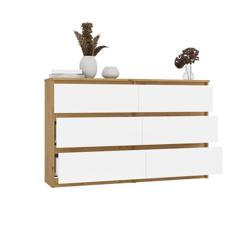 Comodă Malwa M6 cu 6 Sertare, 120 x 75 x 30 cm, Stejar Artisan și Alb, Homedit