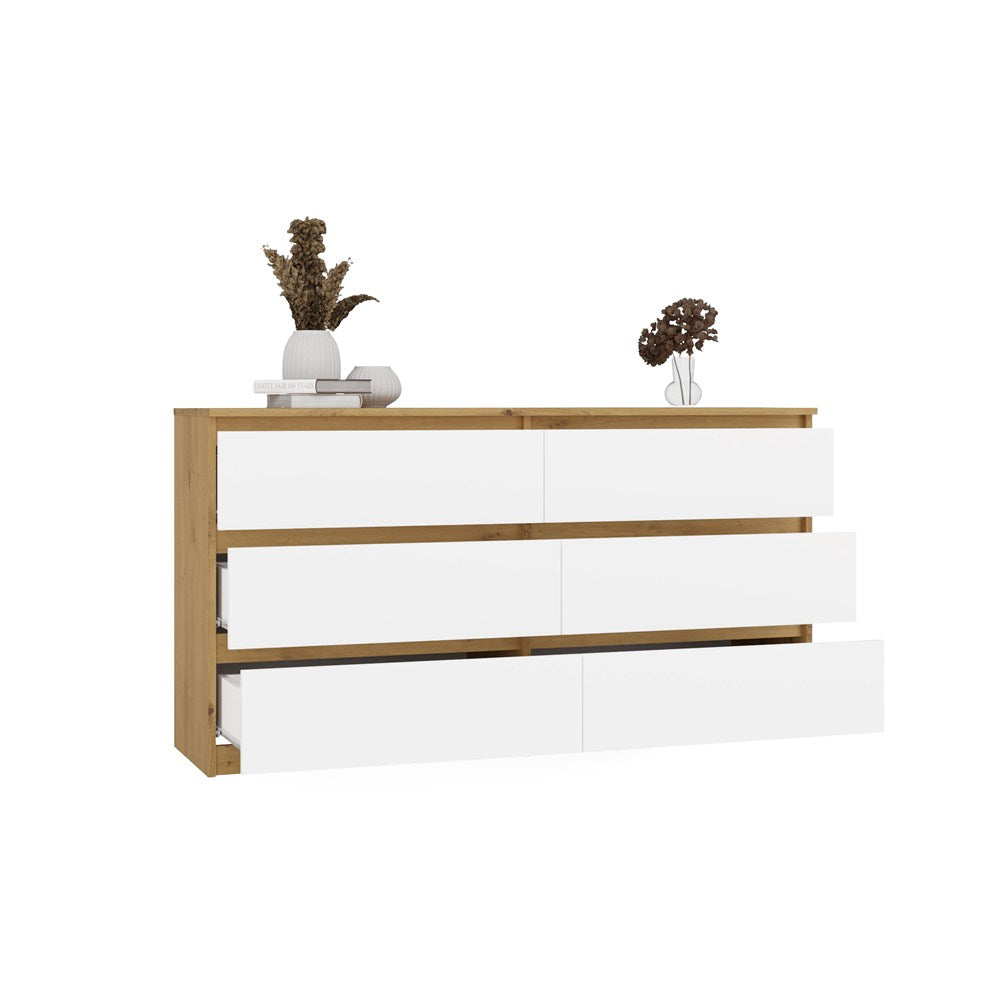 Comodă Malwa M6 140 cu 6 Sertare, 138 x 75 x 40 cm, Stejar Artisan și Alb, Homedit