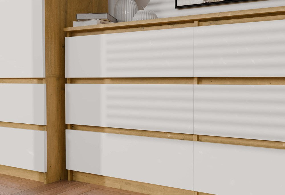 Comodă Malwa M6 140 cu 6 Sertare, 138 x 75 x 40 cm, Stejar Artisan și Alb, Homedit