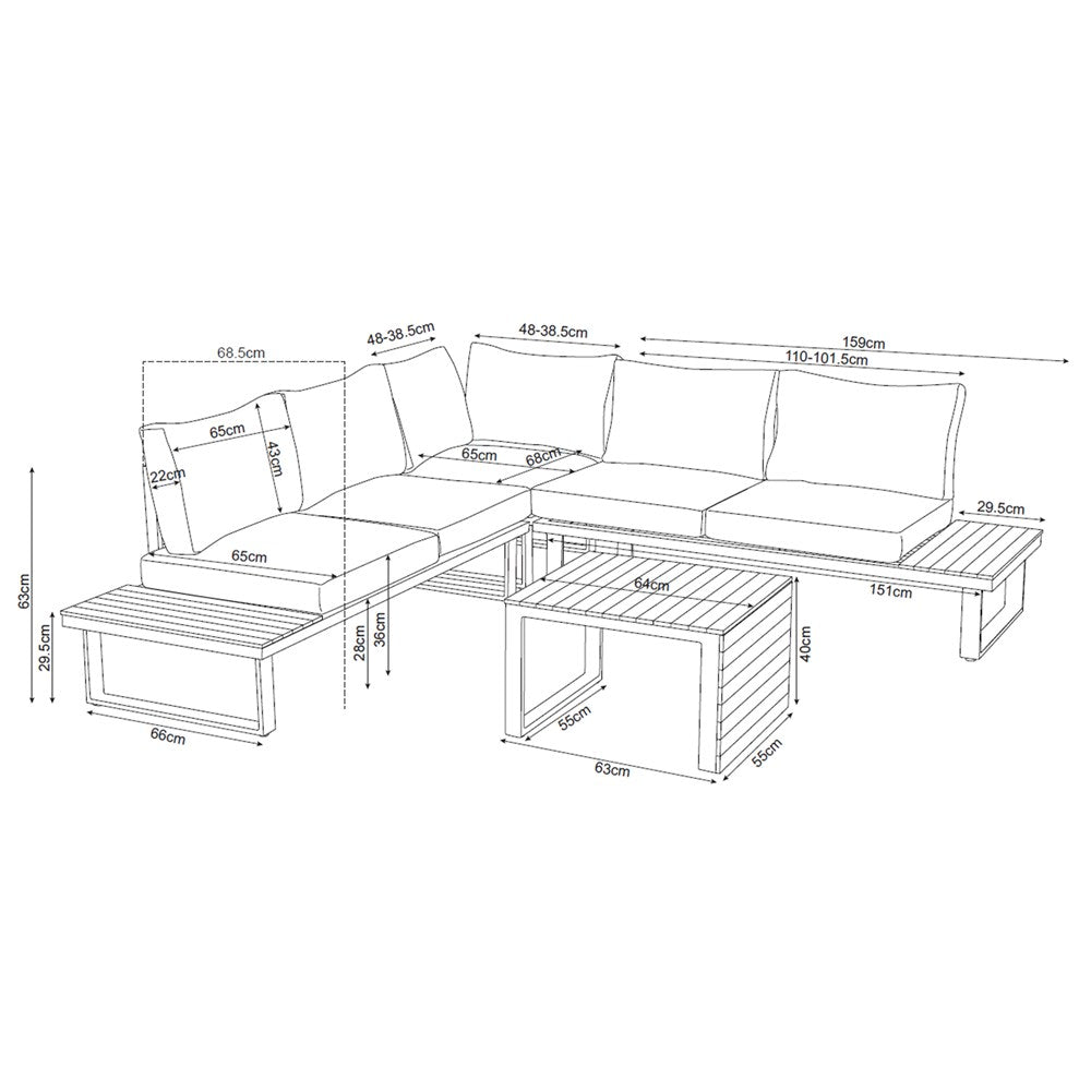 Set Mobilier Grădină Modular MARBELLA, Canapea, Colțar și Măsuță, 159 x 63 x 68.5 cm, Gri, Homedit
