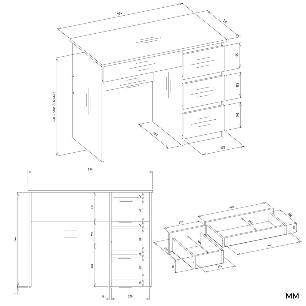 Birou MIJAS Drept cu Suprastructură, 4 Sertare, 4 Polițe, 98 x 146 x 51 cm, Alb Mat, Homedit
