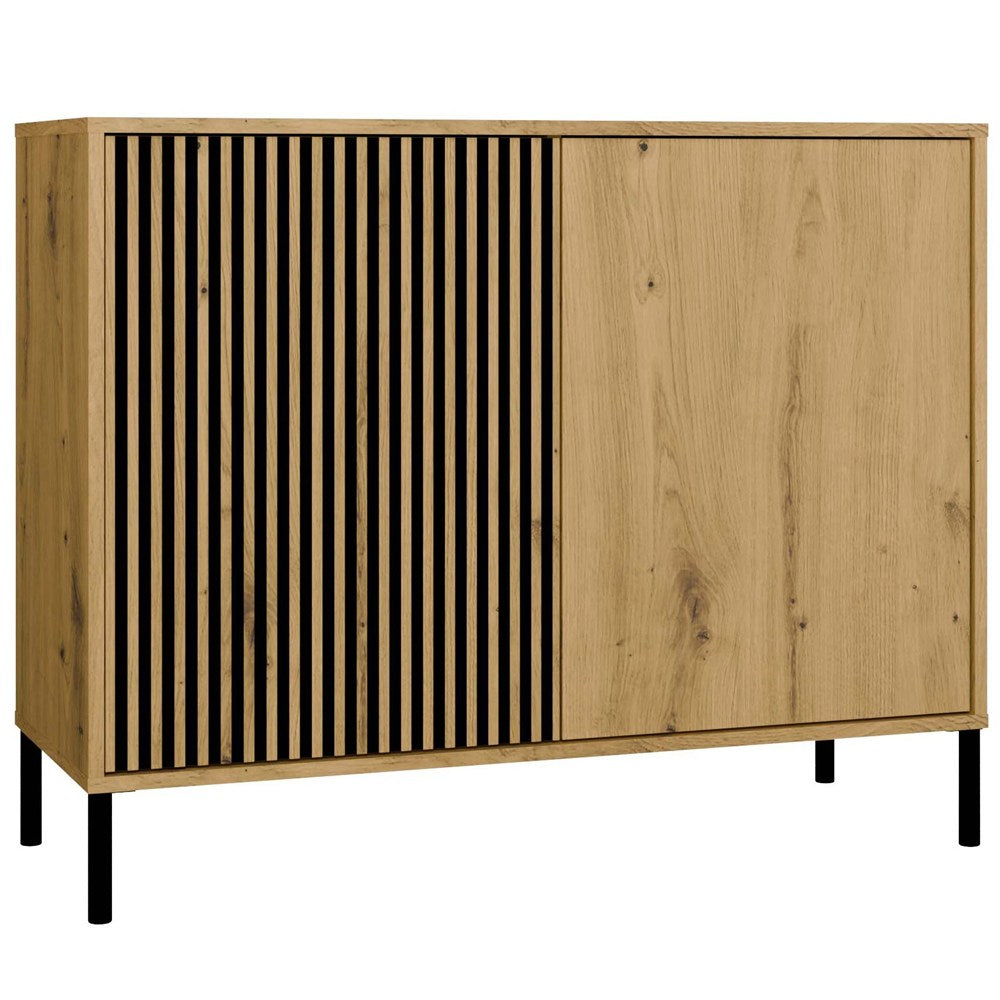 Comodă KAMARO 2D Slim cu Front Canelat și 2 Uși, 103.5 x 82.5 x 40 cm, Stejar Artisan și Negru, Homedit