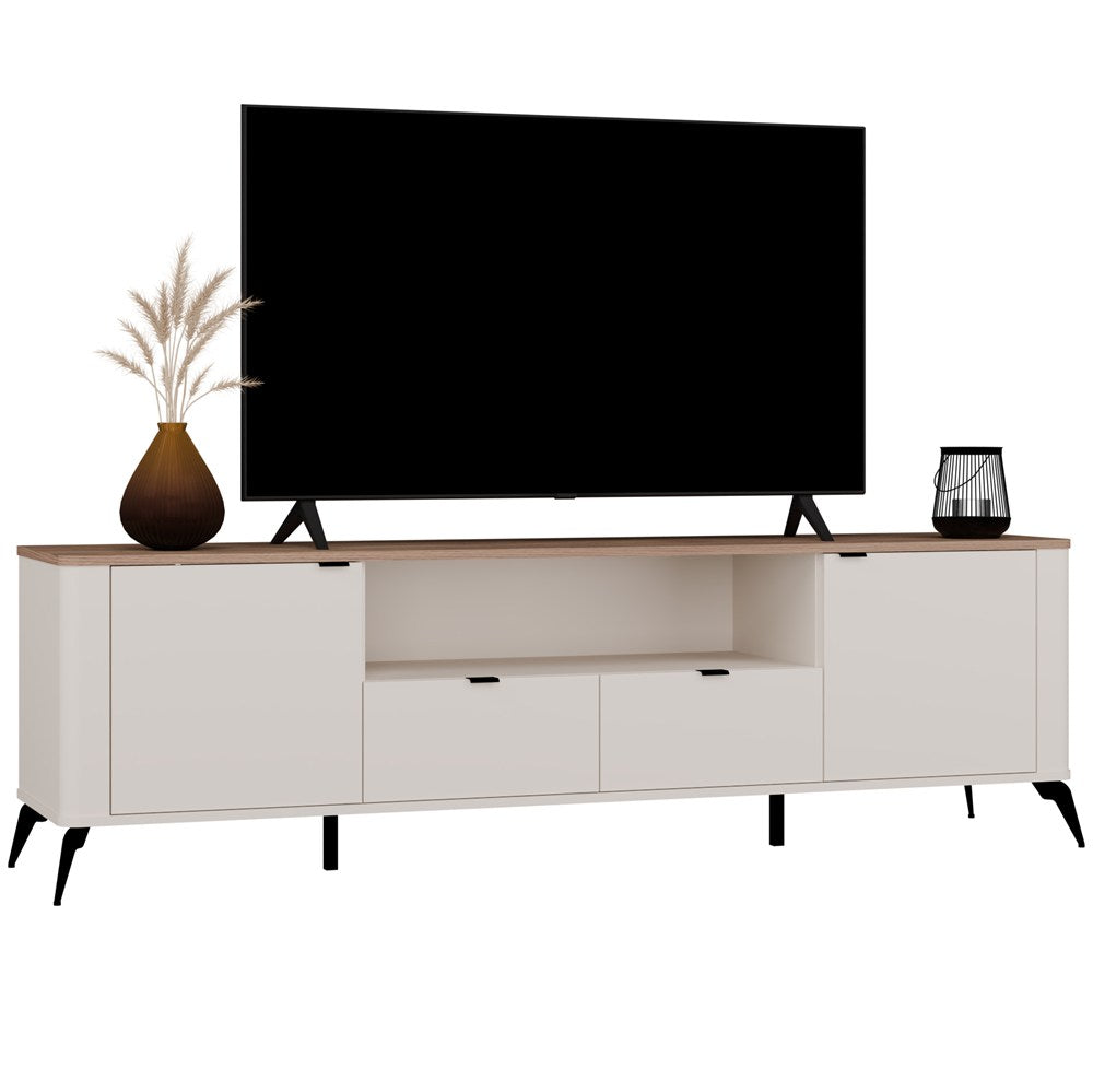 Comodă TV CORDOBA 2D2S cu 2 Uși și 2 Sertare, 186 x 55 x 43 cm, Cașmir Bej cu Stejar Castello, Homedit