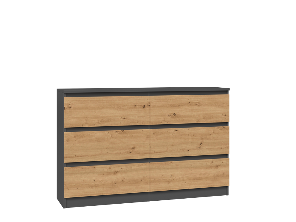 Comodă Modernă Malwa M6/120 cu 6 Sertare, 120 x 75 x 30 cm, Antracyt și Stejar Artisan, Homedit