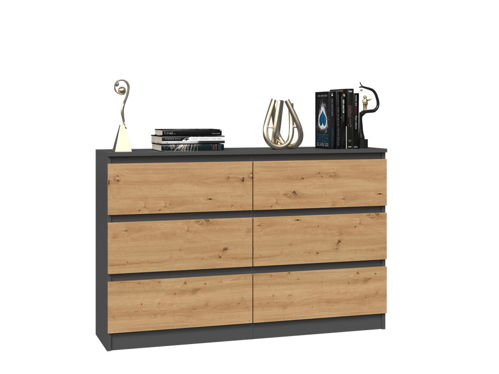 Comodă Modernă Malwa M6/120 cu 6 Sertare, 120 x 75 x 30 cm, Antracyt și Stejar Artisan, Homedit