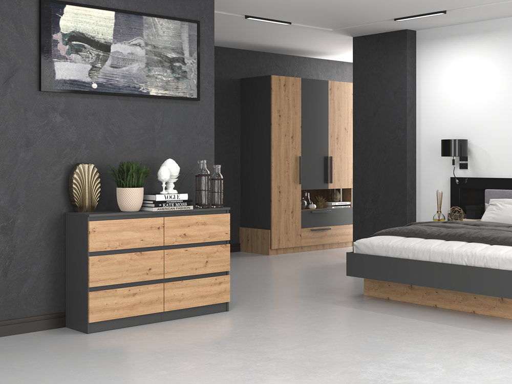Comodă Modernă Malwa M6/120 cu 6 Sertare, 120 x 75 x 30 cm, Antracyt și Stejar Artisan, Homedit