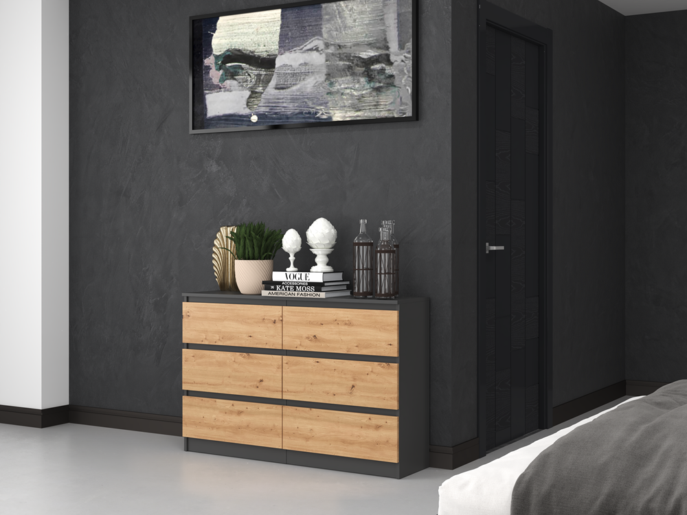 Comodă Modernă Malwa M6/120 cu 6 Sertare, 120 x 75 x 30 cm, Antracyt și Stejar Artisan, Homedit