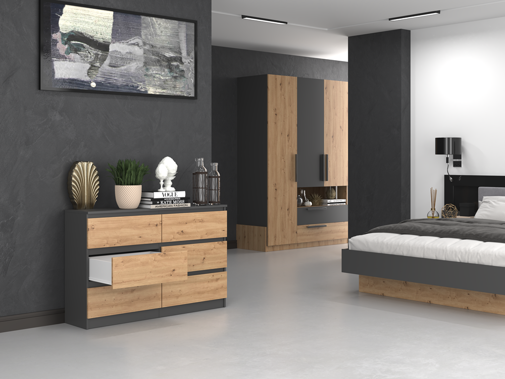 Comodă Modernă Malwa M6/120 cu 6 Sertare, 120 x 75 x 30 cm, Antracyt și Stejar Artisan, Homedit