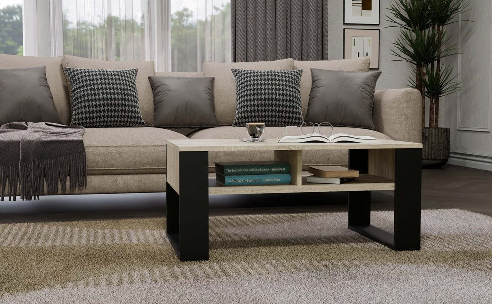 Masă de cafea Modern 2P cu 2 polițe, 90 x 50 x 58 cm, Stejar Sonoma Negru, Homedit