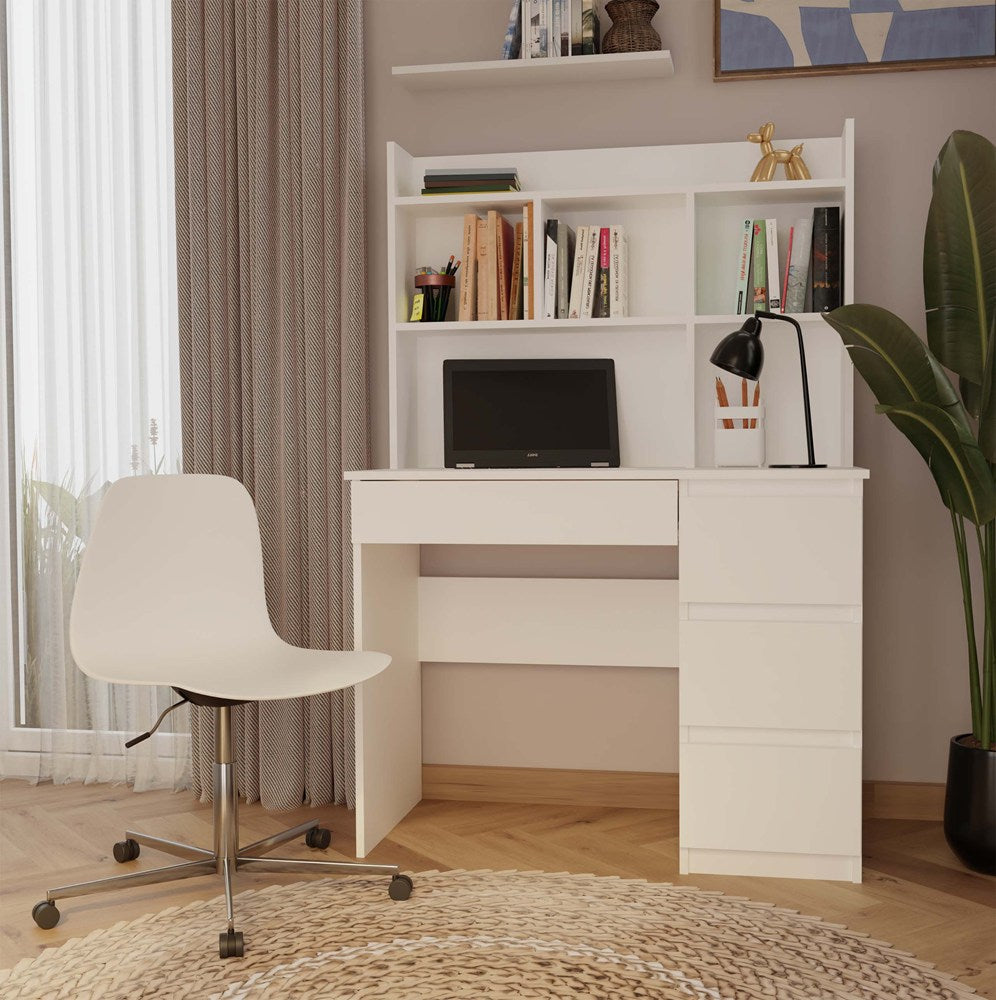 Birou MIJAS Drept cu Suprastructură, 4 Sertare, 4 Polițe, 98 x 146 x 51 cm, Alb Mat, Homedit