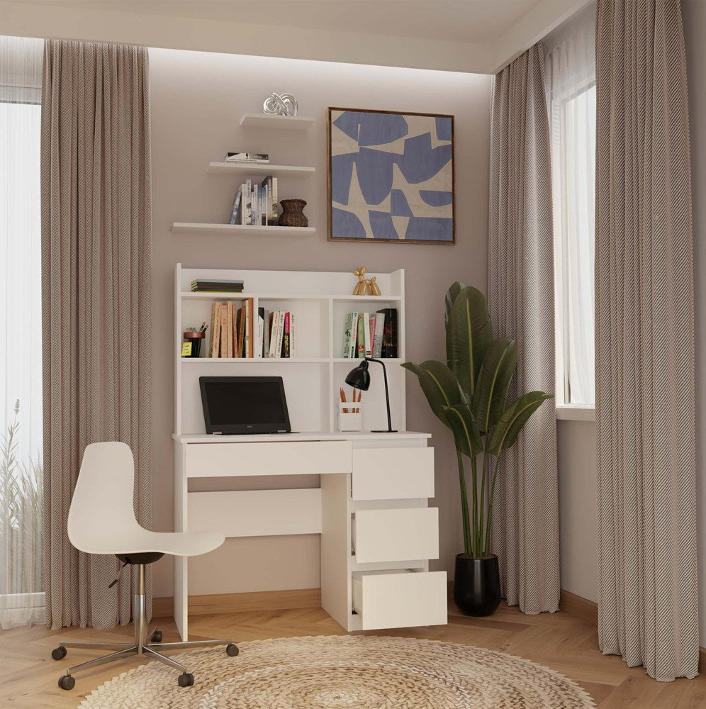 Birou MIJAS Drept cu Suprastructură, 4 Sertare, 4 Polițe, 98 x 146 x 51 cm, Alb Mat, Homedit