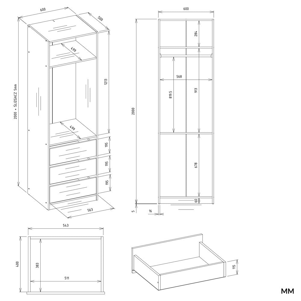 Garderobă Modulară OPENO 1W1P3S cu Bară Haine și 3 Sertare, 60 x 200 x 50 cm, Alb, Homedit