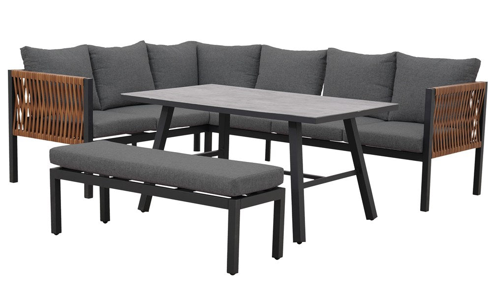 Set Mobilier Grădină TEXAS Colțar pentru 6 Persoane, cu Canapea, Masă și Bancă, 240 x 74 x 187 cm, Gri, Homedit