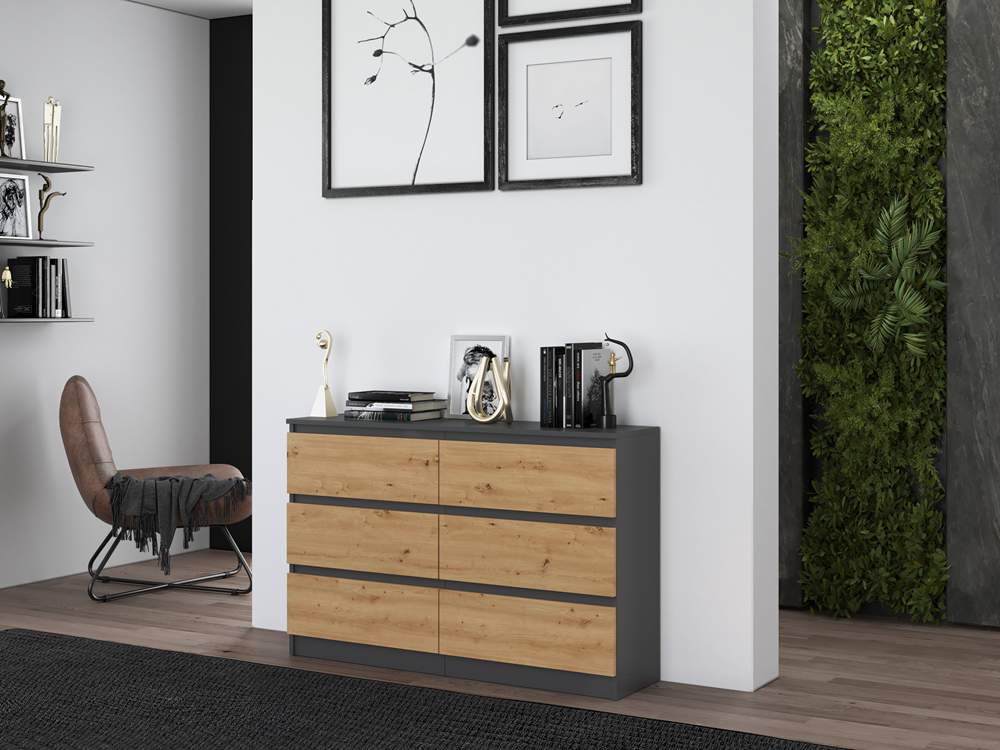 Comodă Modernă Malwa M6/120 cu 6 Sertare, 120 x 75 x 30 cm, Antracyt și Stejar Artisan, Homedit