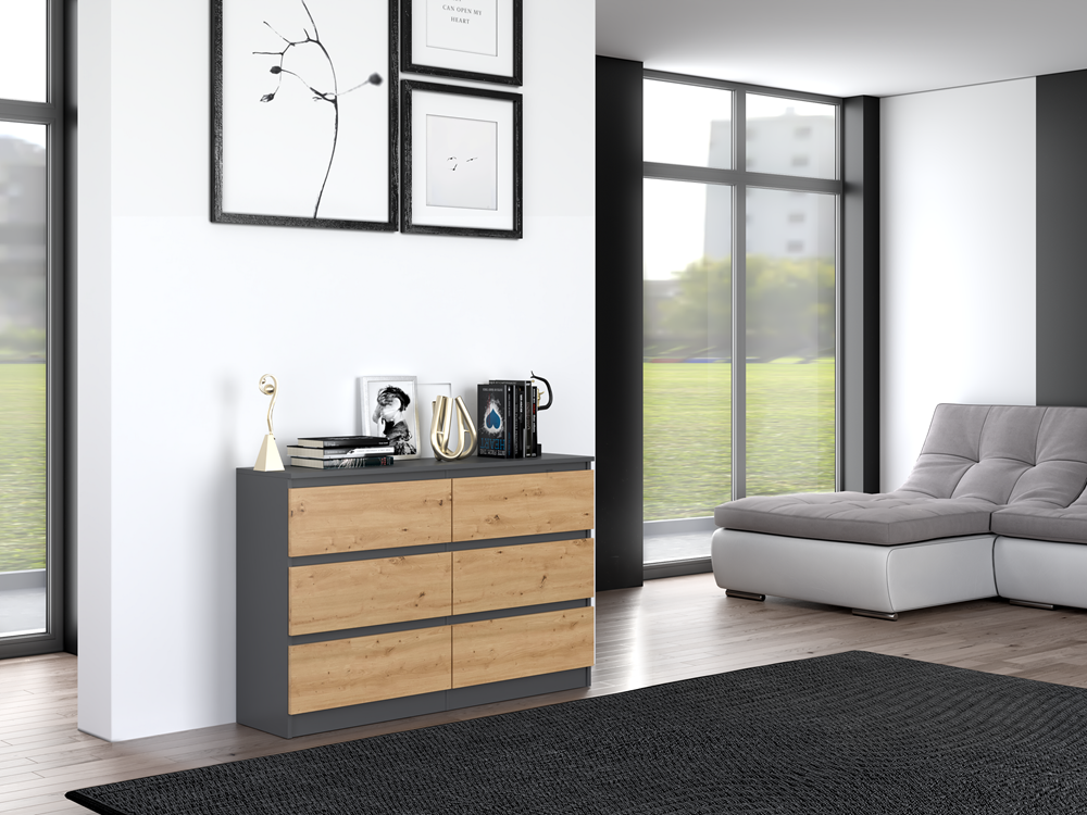 Comodă Modernă Malwa M6/120 cu 6 Sertare, 120 x 75 x 30 cm, Antracyt și Stejar Artisan, Homedit