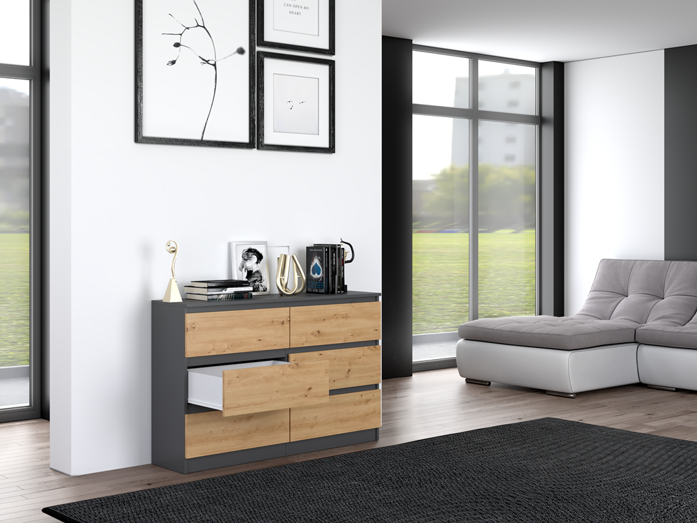 Comodă Modernă Malwa M6/120 cu 6 Sertare, 120 x 75 x 30 cm, Antracyt și Stejar Artisan, Homedit