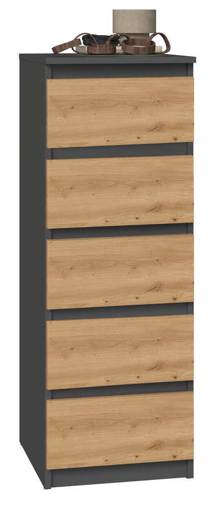 Comodă Malwa W5 cu 5 Sertare, 40 x 111 x 45 cm, Antracyt / Stejar Artisan, Homedit