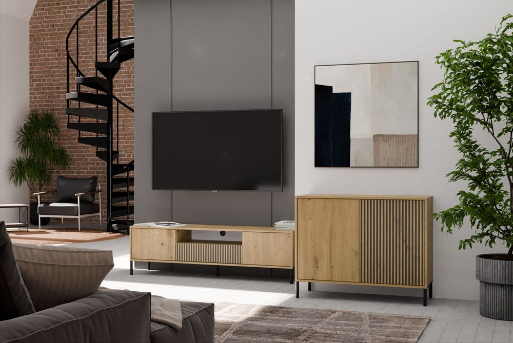 Comodă KAMARO 2D Slim cu Front Canelat și 2 Uși, 103.5 x 82.5 x 40 cm, Stejar Artisan și Negru, Homedit