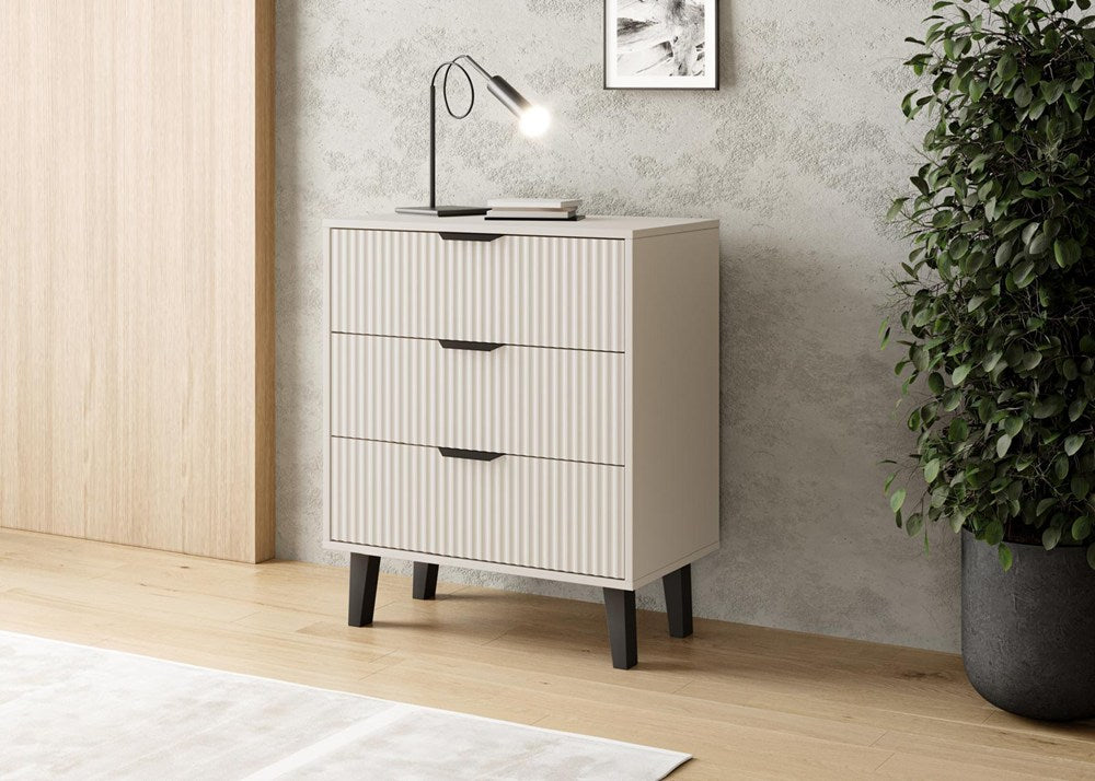 Comodă Scandi 3S SLIM cu 3 Sertare și Fronturi Riflate, 70 x 81.5 x 39 cm, Bej Cașmir, Homedit
