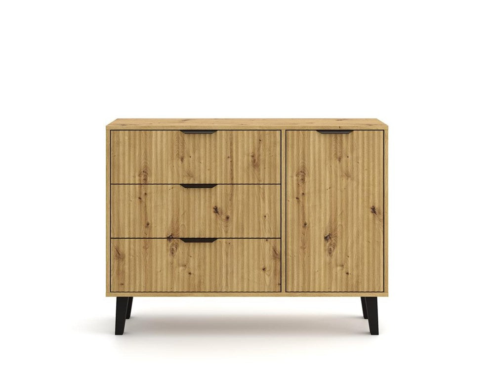 Comodă Scandi 1D3S SLIM, 1 ușă, 3 sertare, front riflat, 110 x 81.5 x 39 cm, Stejar Artisan, Homedit