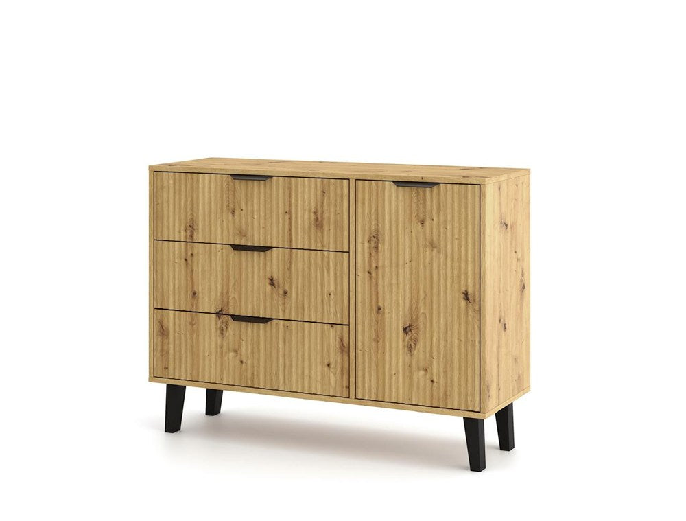Comodă Scandi 1D3S SLIM, 1 ușă, 3 sertare, front riflat, 110 x 81.5 x 39 cm, Stejar Artisan, Homedit