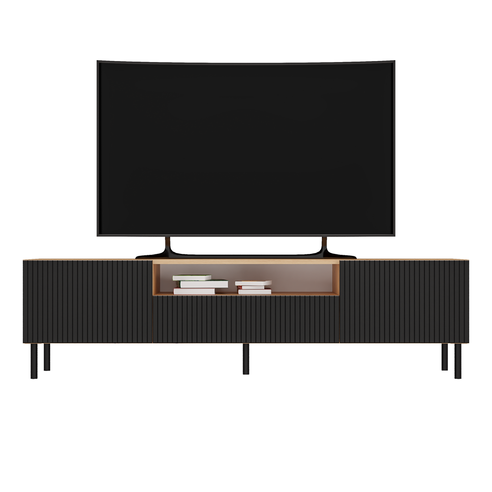 Comodă TV KAMA 160 SLIM, cu fronturi frezate, 160 x 43 x 40 cm, Stejar Artisan și Negru, Homedit