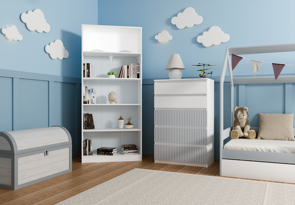 Comodă MALWA M5 ARTESO cu 5 sertare, design modern, 70 x 109.5 x 40 cm, Alb cu Albastru, Homedit